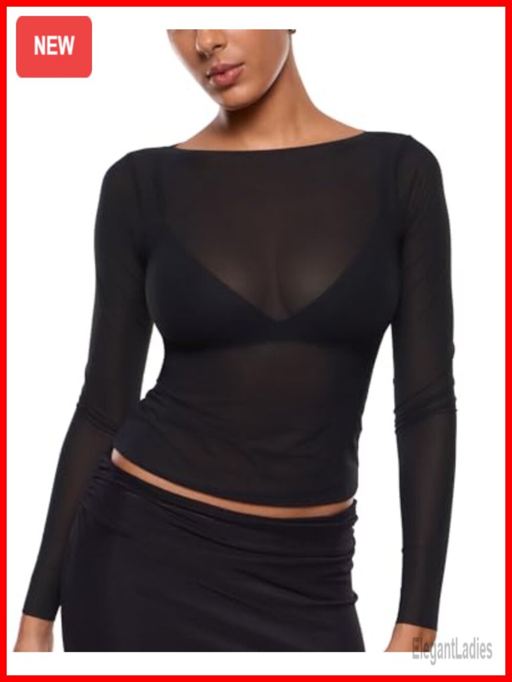 Sheer Mesh Long Sleeve Boat Neck Top Slim Fit Pullover Blouse